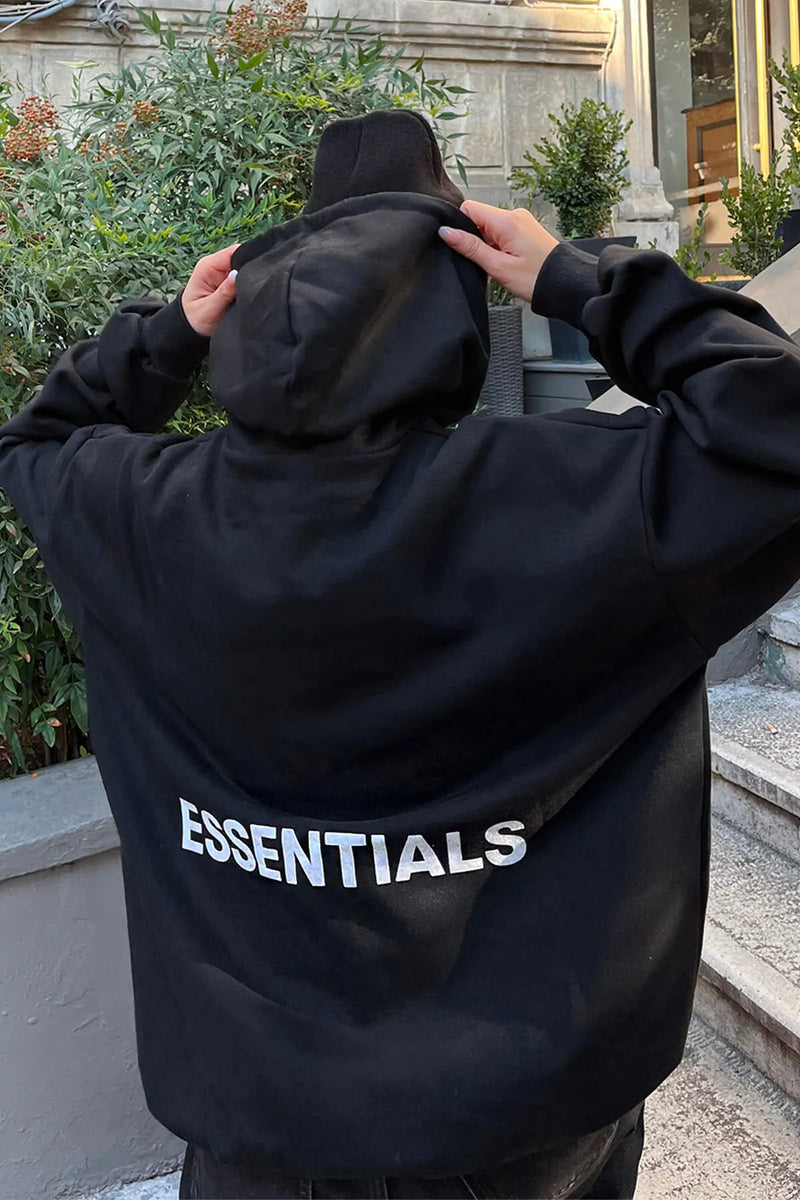 Siyah Essentials Arka Baskılı Kapüşonlu İçi Pamuklu Kadın Sweatshirt