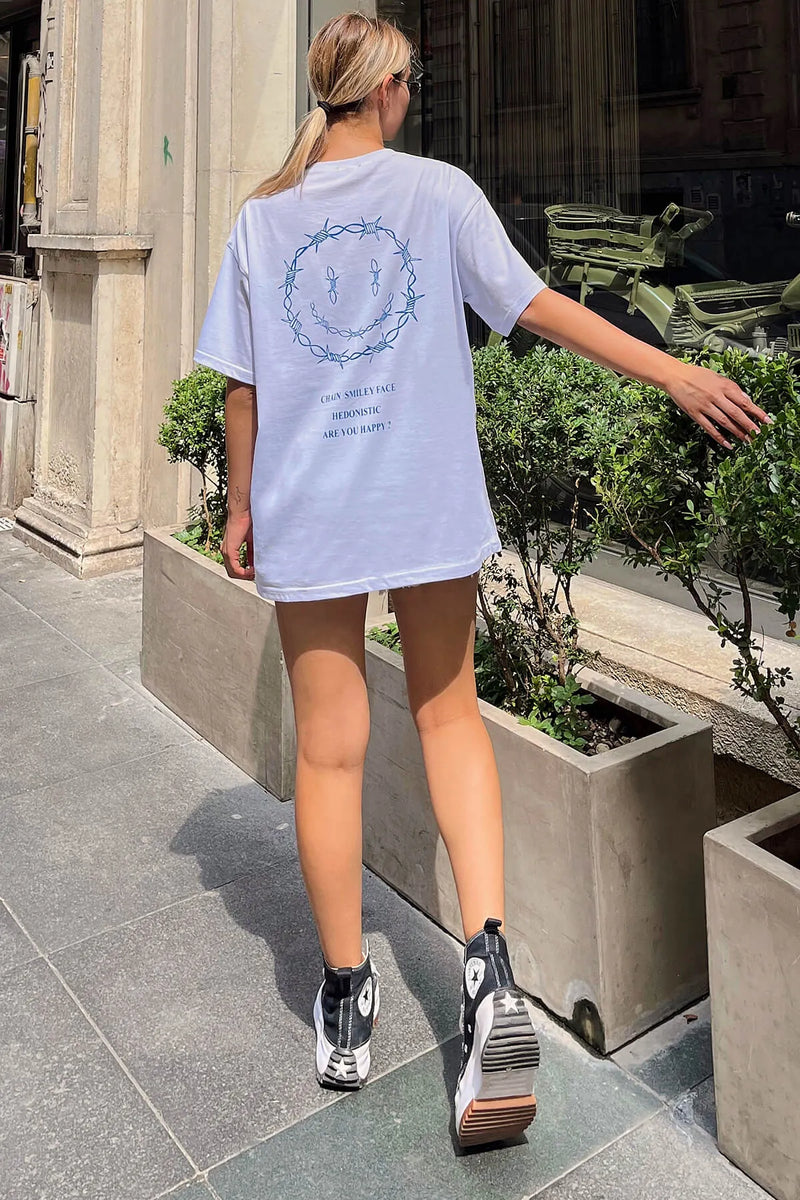 Beyaz Hedonistic Sırt Baskılı Oversize Kadın Tshirt