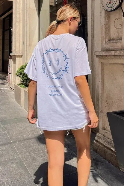 Beyaz Hedonistic Sırt Baskılı Oversize Kadın Tshirt