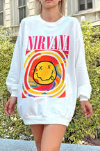 Beyaz Nirvana Baskılı Bisiklet Yaka Kadın Sweatshirt