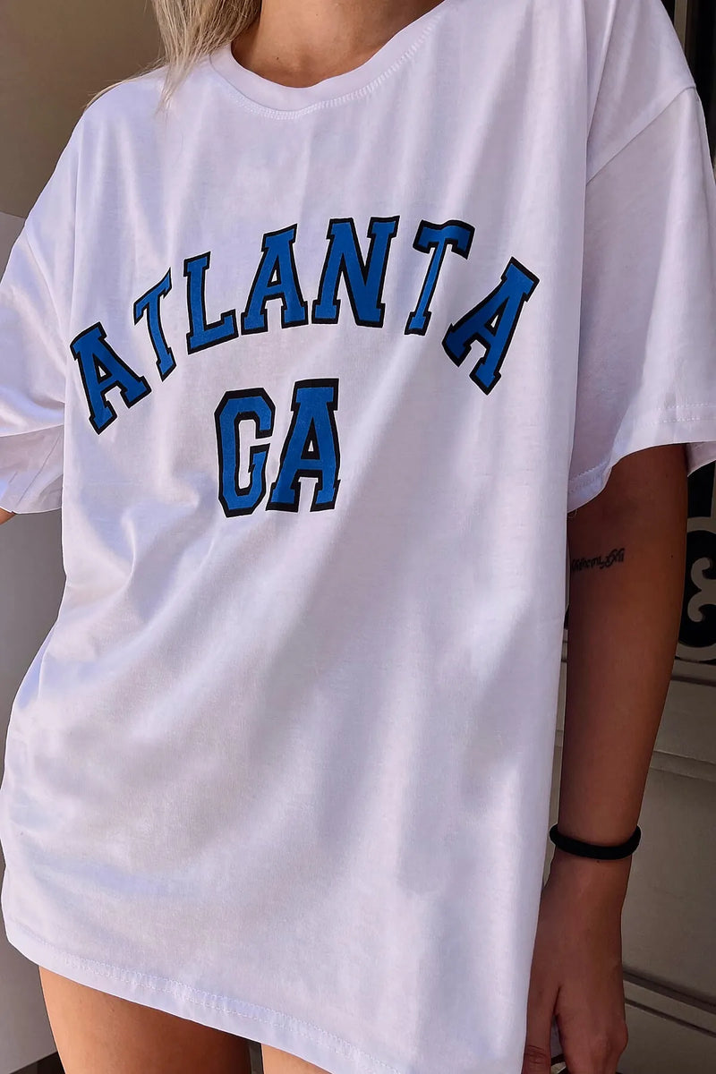 Beyaz Atlanta Baskılı Oversize Kadın Tshirt