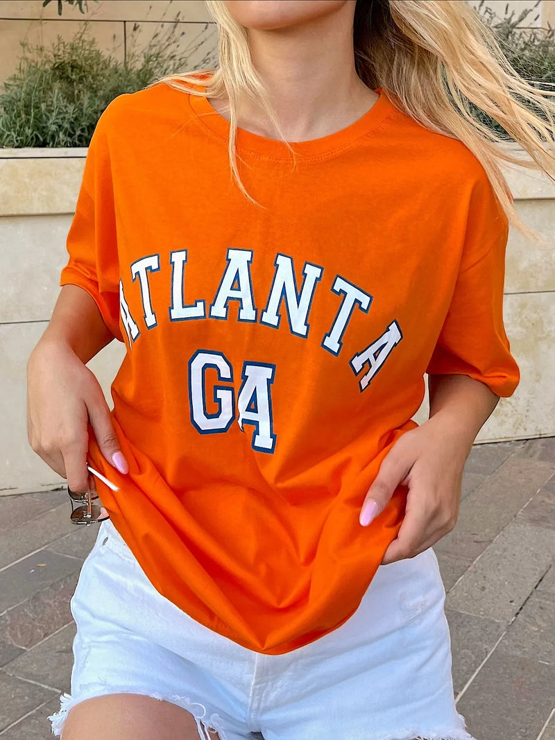 Turuncu Atlanta Baskılı Oversize Kadın Tshirt