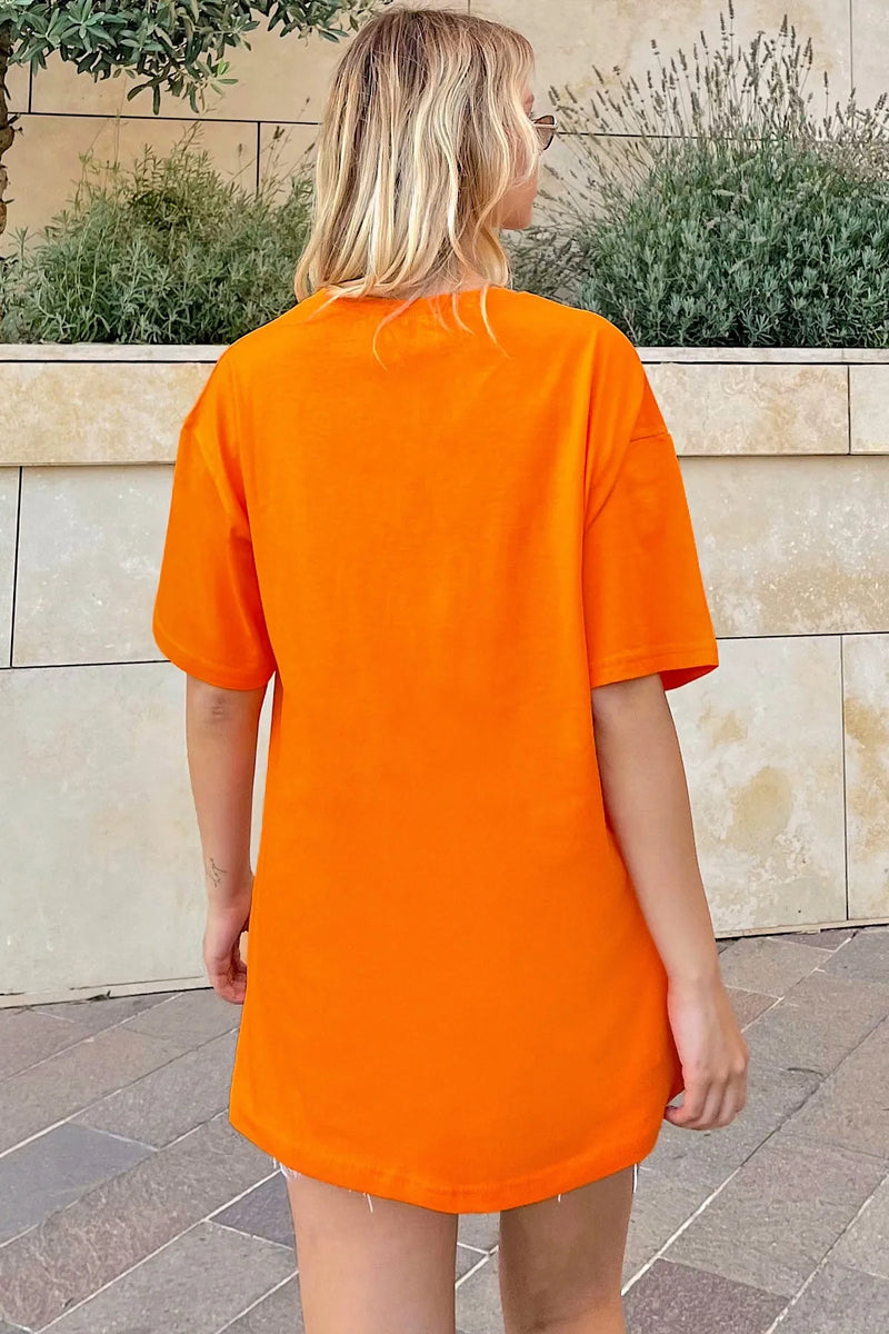 Turuncu Atlanta Baskılı Oversize Kadın Tshirt