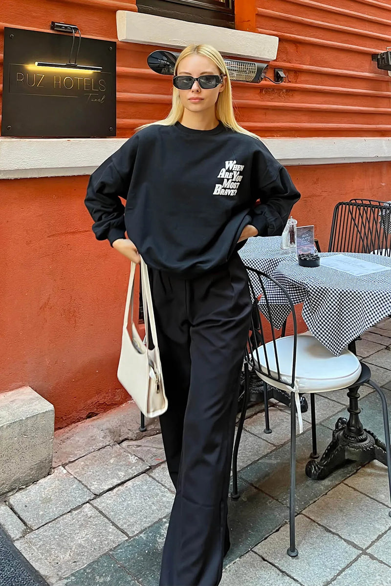 Siyah When Are You Ön Arka Baskılı İçi Pamuklu Kadın Sweatshirt