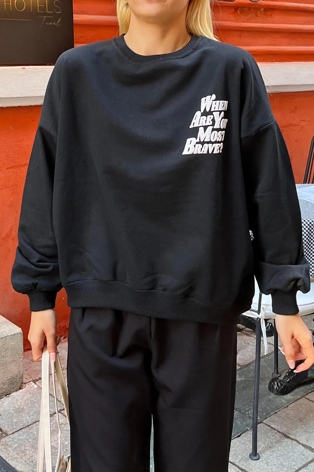 Siyah When Are You Ön Arka Baskılı İçi Pamuklu Kadın Sweatshirt