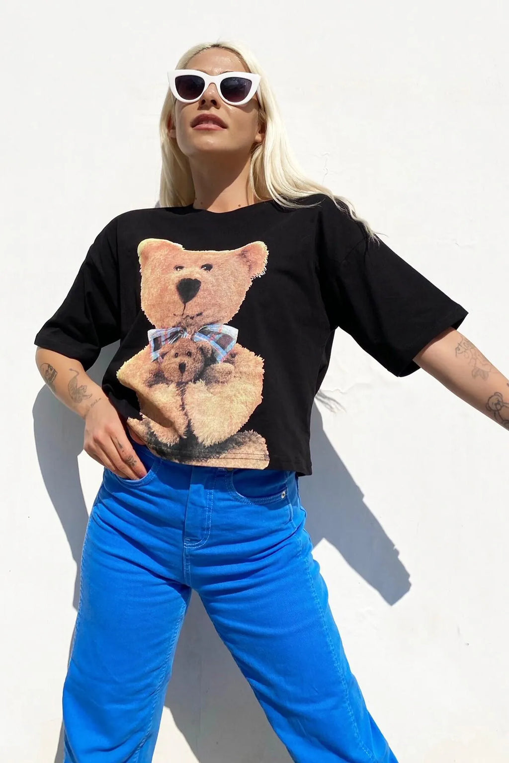Bear Baskılı Bisiklet Yaka Tshirt