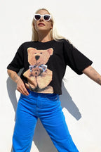 Bear Baskılı Bisiklet Yaka Tshirt