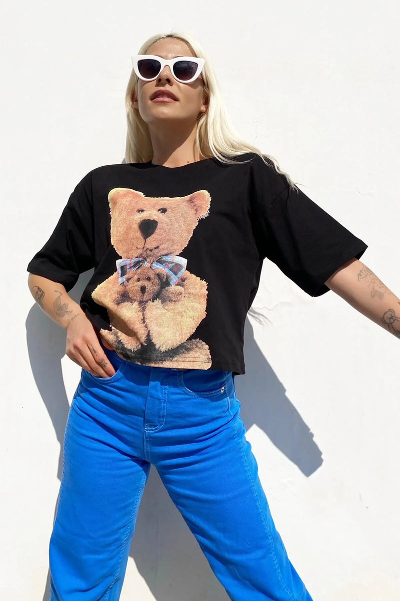 Bear Baskılı Bisiklet Yaka Tshirt