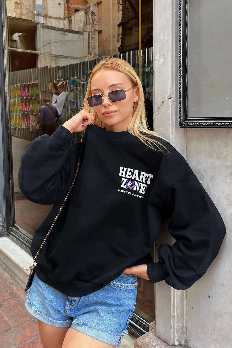 Siyah Heart Zone Ön ve Arka Baskılı Kadın Sweatshirt