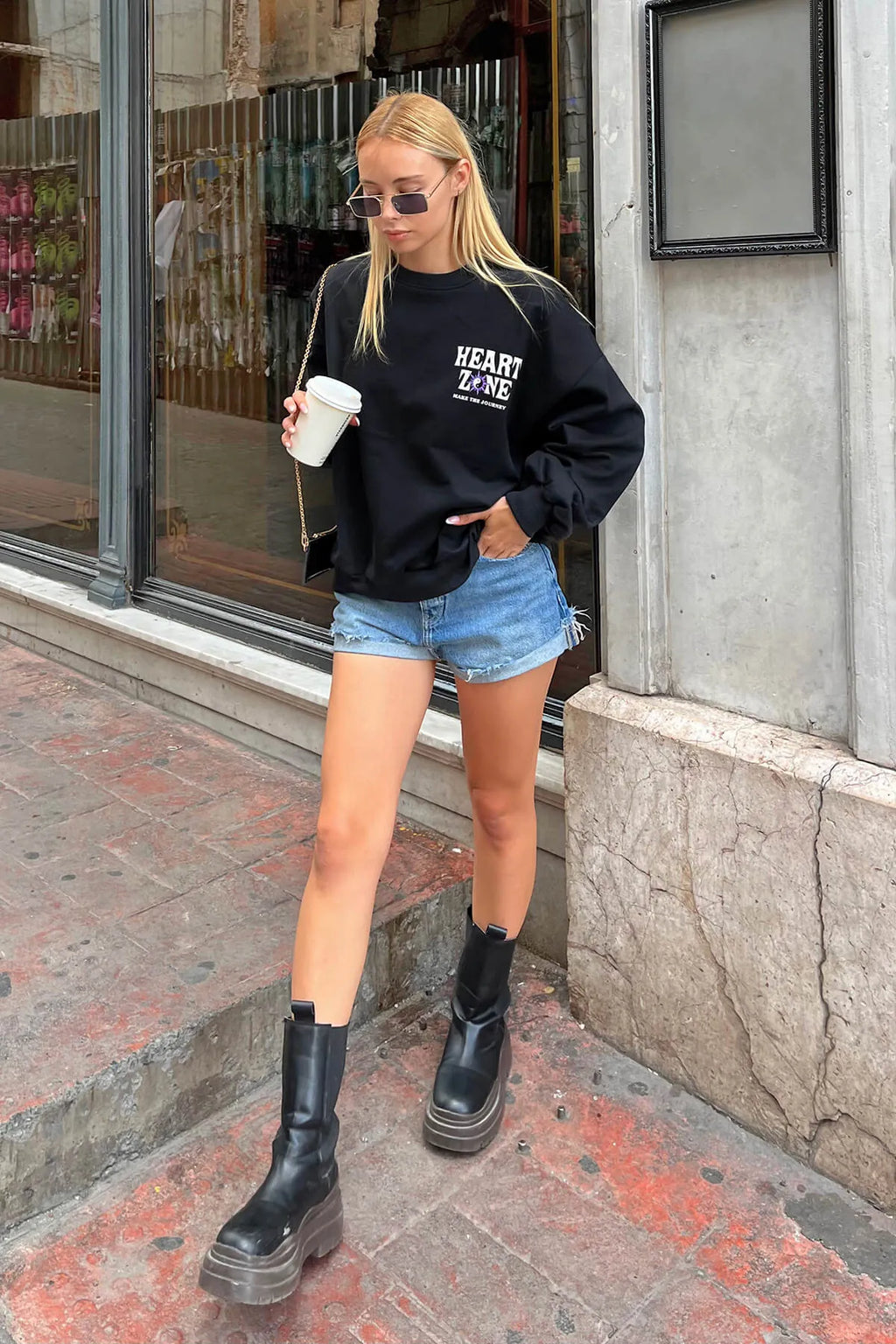 Siyah Heart Zone Ön ve Arka Baskılı Kadın Sweatshirt
