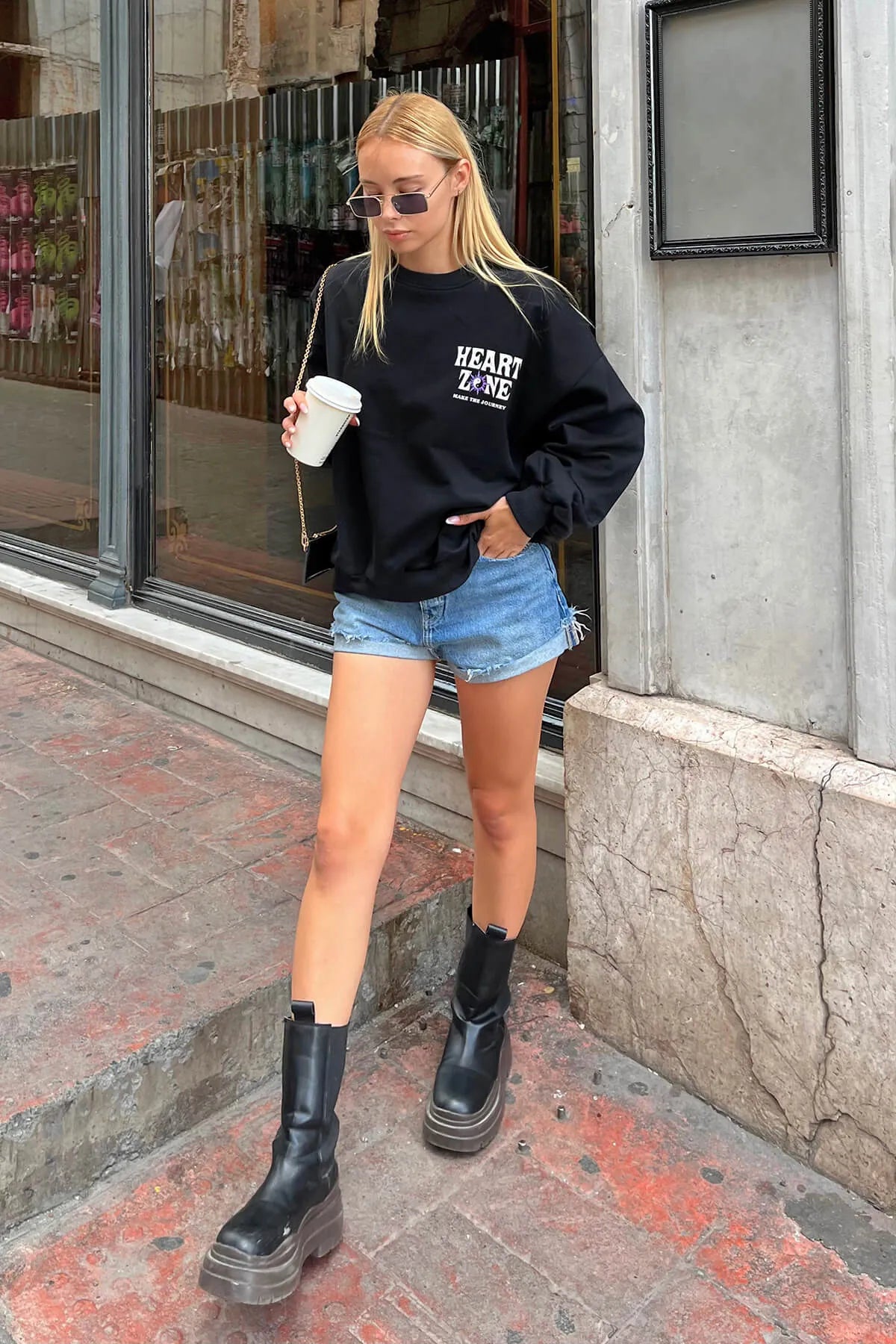 Siyah Heart Zone Ön ve Arka Baskılı Kadın Sweatshirt