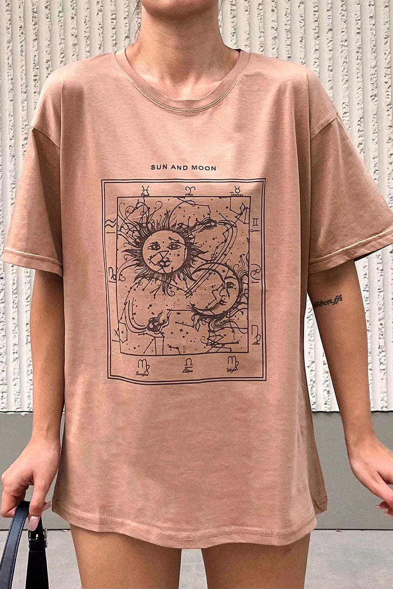 Vizon Sun And Moon Baskılı Oversize Kadın Tshirt