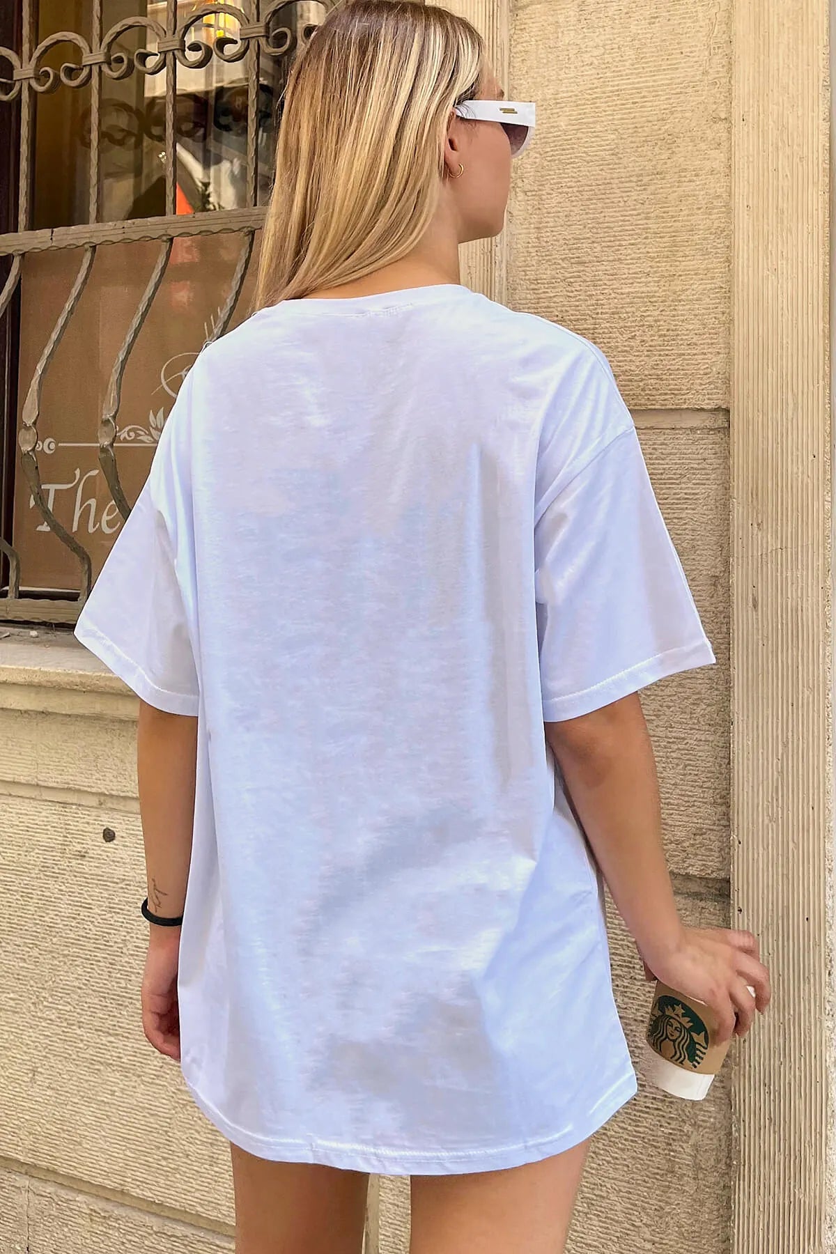 Beyaz Sun And Moon Baskılı Oversize Kadın Tshirt