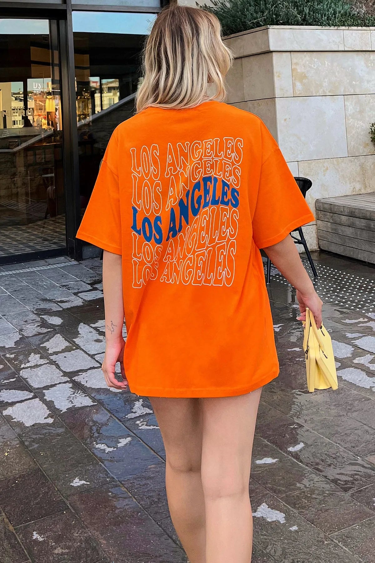 Turuncu LA Sırt Baskılı Oversize Kadın Tshirt