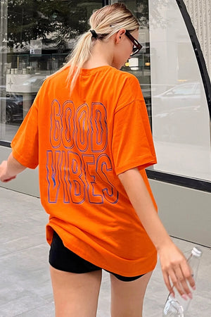 Turuncu Good Vibes Sırt Baskılı Oversize Kadın Tshirt