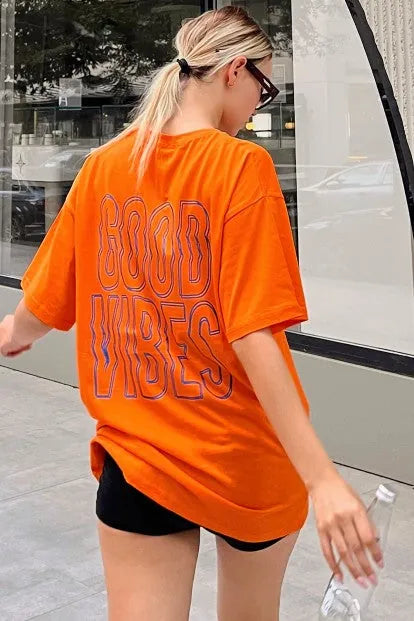 Turuncu Good Vibes Sırt Baskılı Oversize Kadın Tshirt