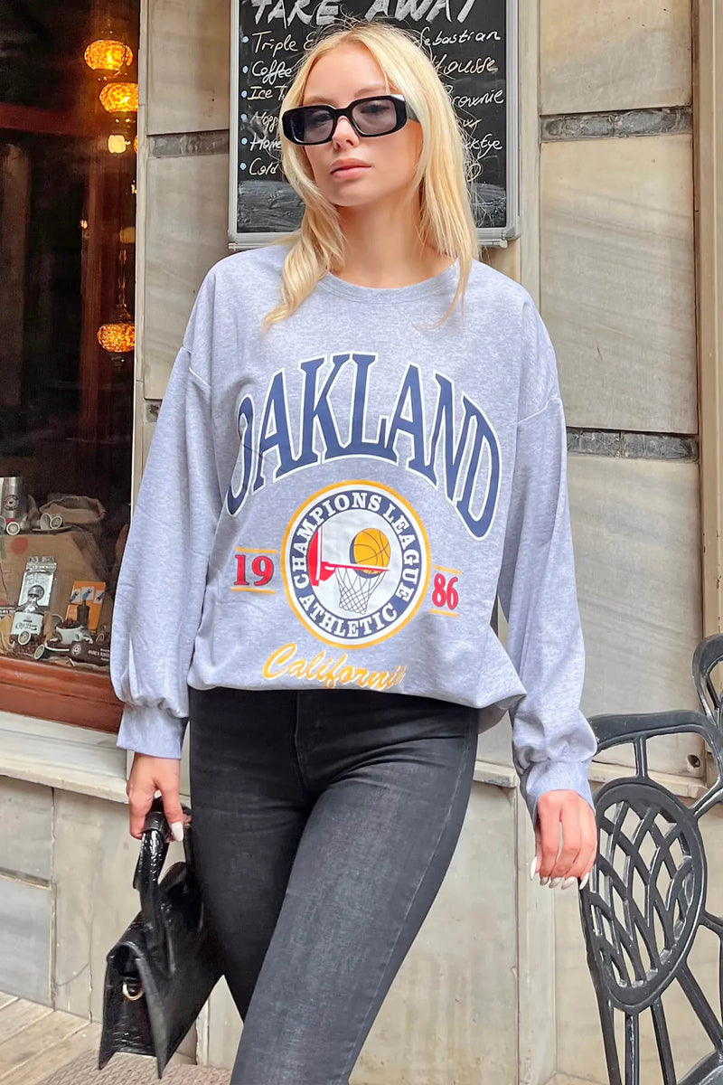 Gri Basket Baskılı Oversize Kadın Sweatshirt