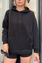 Siyah Kapüşonlu İçi Pamuklu Kadın Basic Sweatshirt