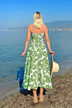 Yeşil Kruvaze Yaka Desenli Kadın Keten Midi Elbise