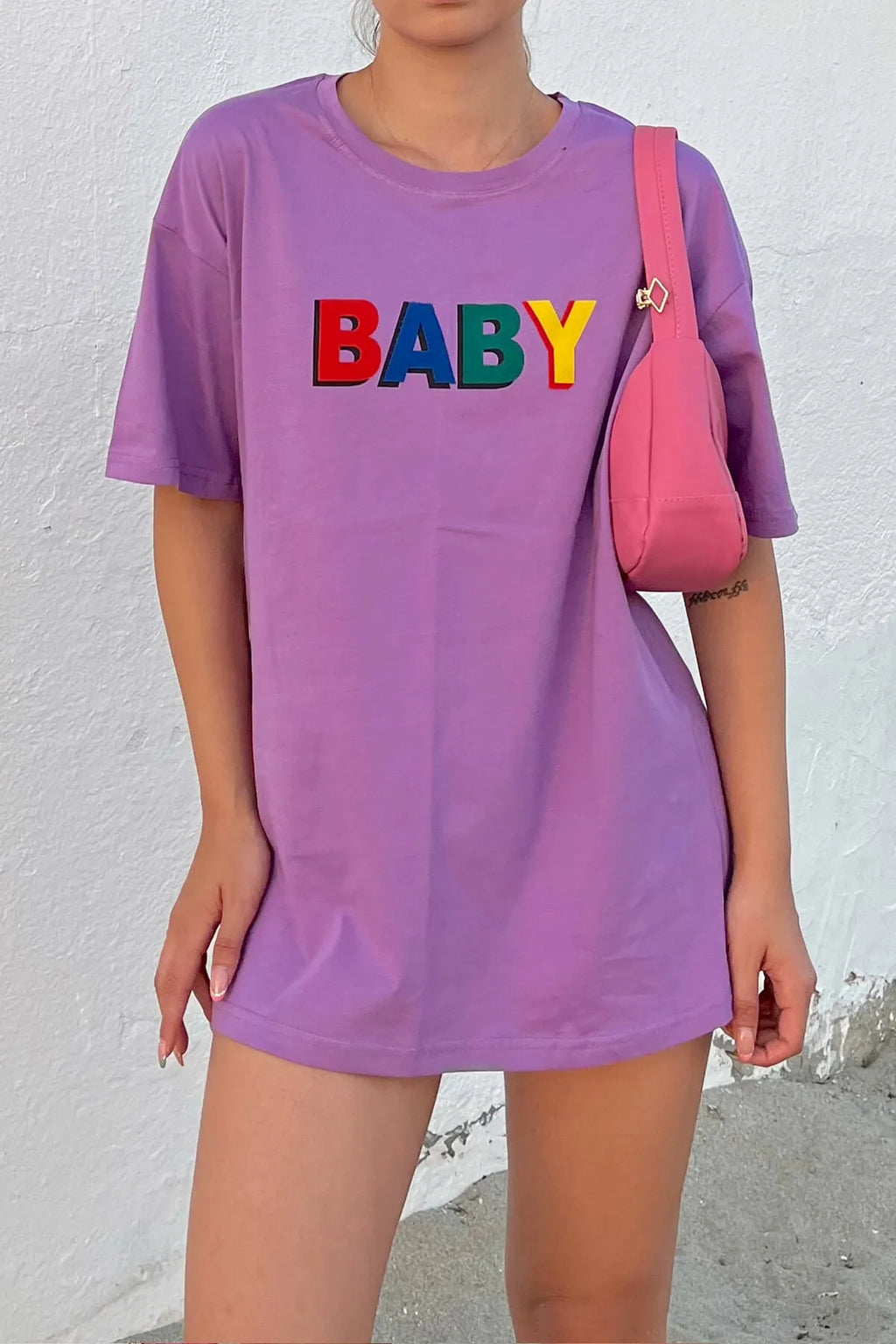 Mor Baby Baskılı Bisiklet Yaka Tshirt