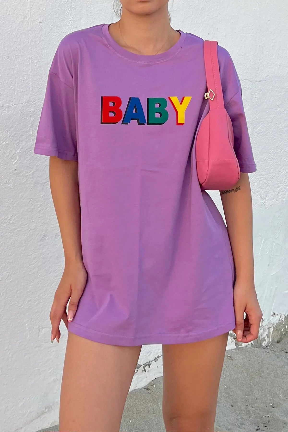 Mor Baby Baskılı Bisiklet Yaka Tshirt