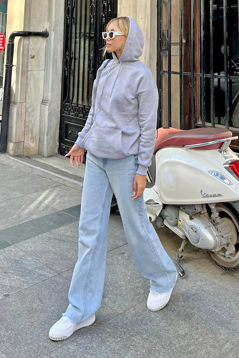Gri Kapüşonlu İçi Pamuklu Kadın Basic Sweatshirt