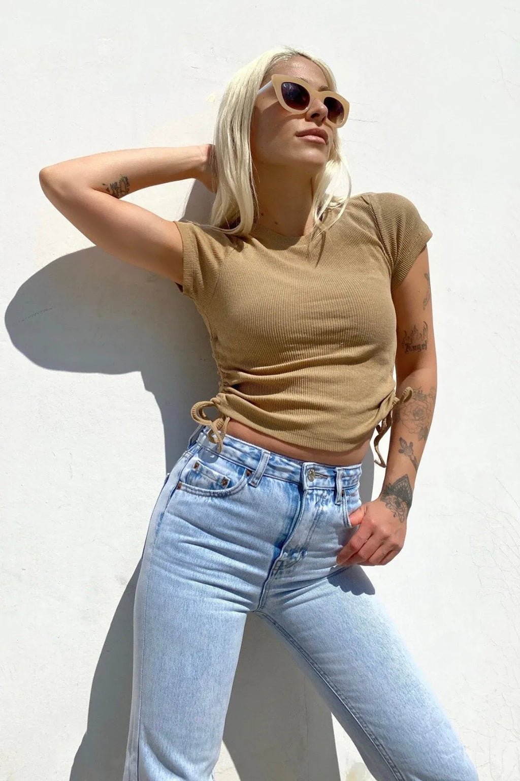 Camel Kısa Kol Çift Büzgülü Crop Bluz