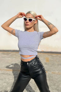 Gri Kısa Kol Biye Bağlamalı Crop Bluz