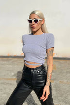 Gri Kısa Kol Biye Bağlamalı Crop Bluz