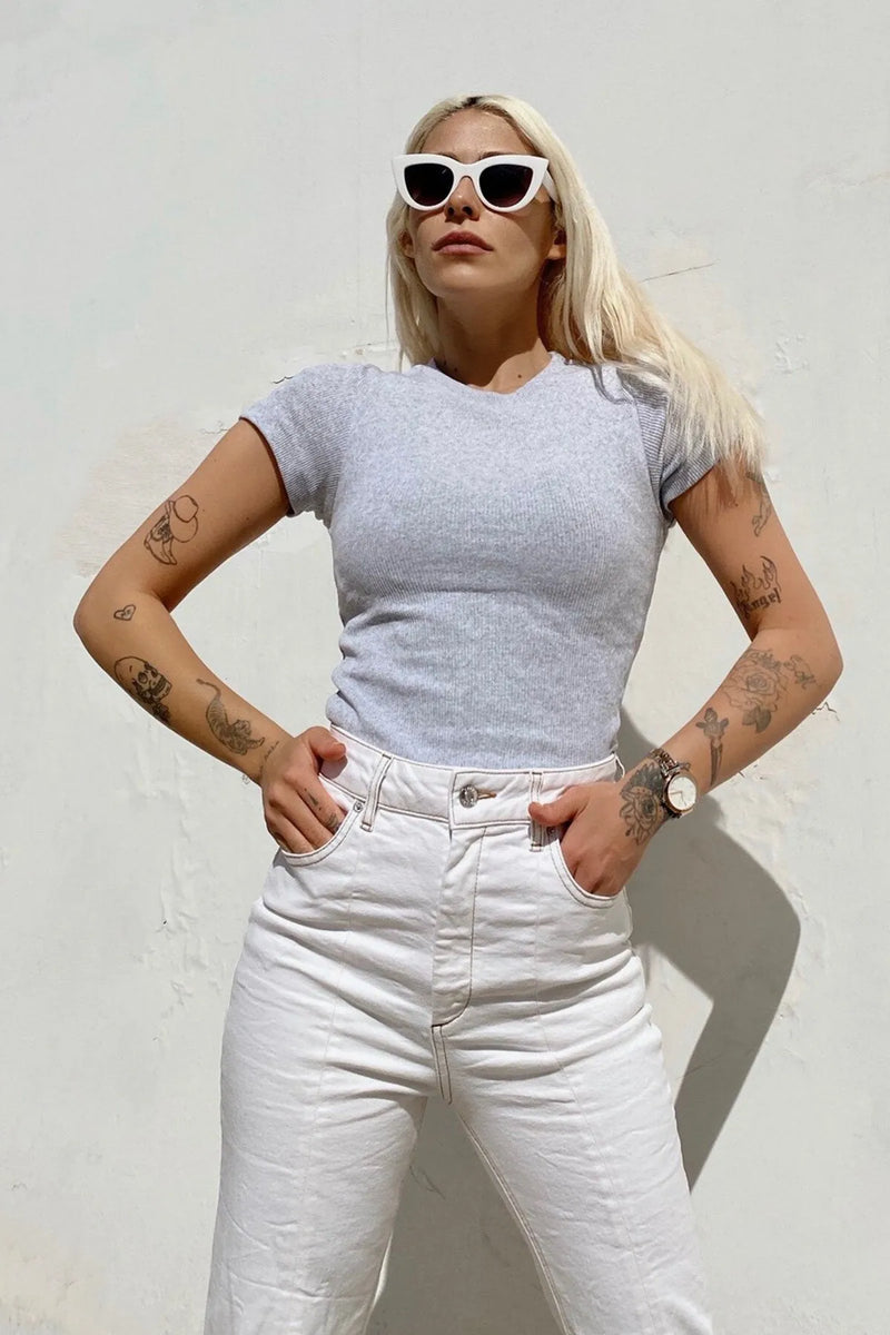 Gri Bisiklet Yaka Kısa Kol Crop Bluz