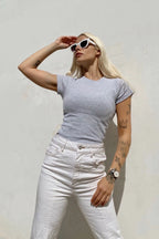 Gri Bisiklet Yaka Kısa Kol Crop Bluz