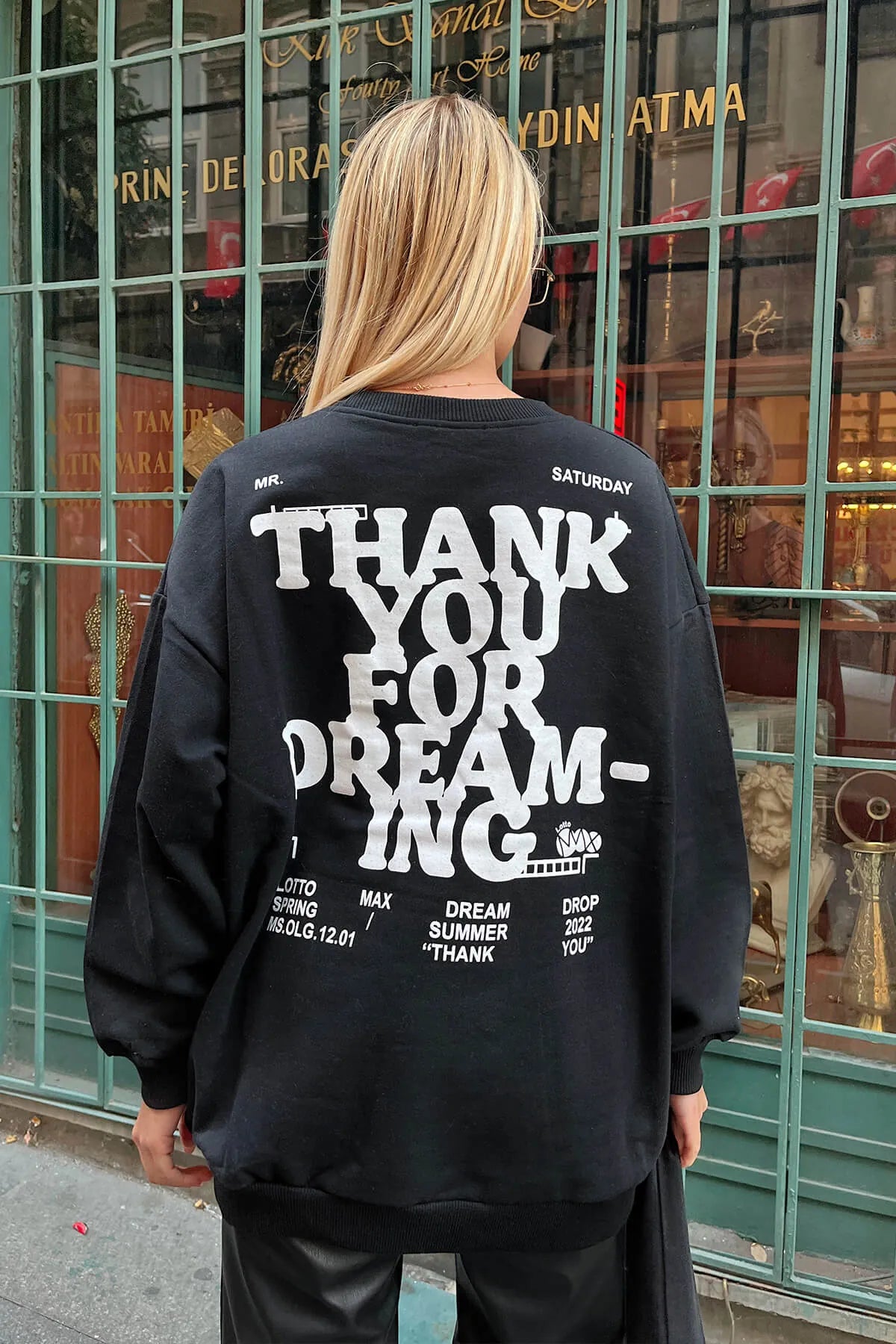 Siyah Thank You Baskılı İçi Pamuklu Kadın Sweatshirt