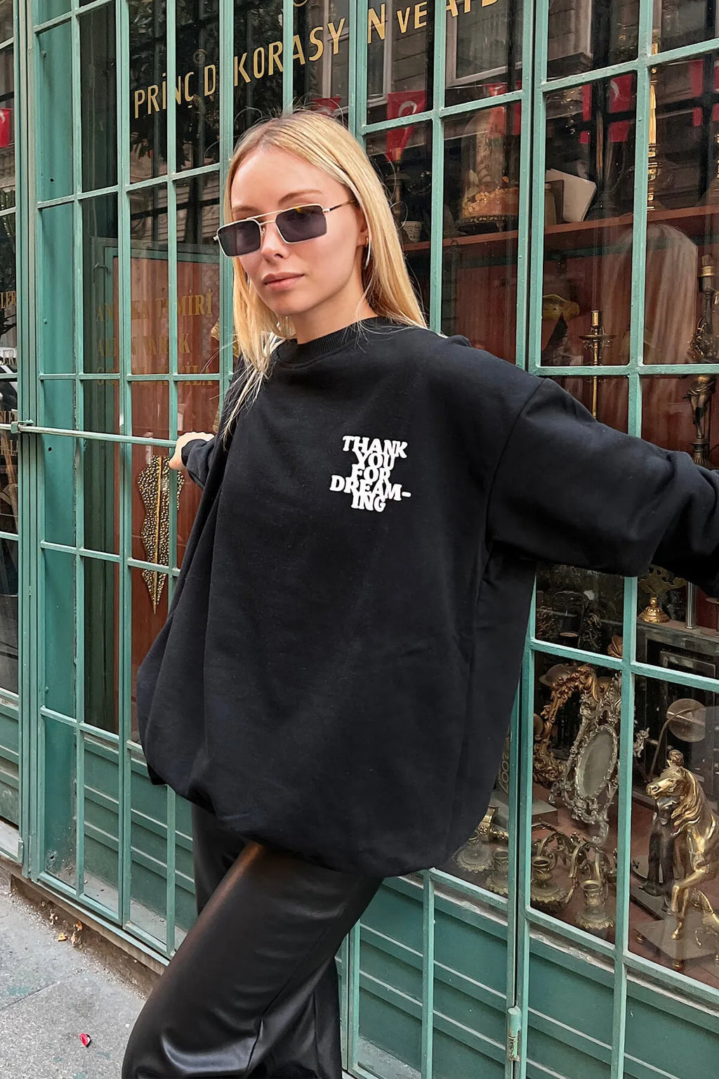 Siyah Thank You Baskılı İçi Pamuklu Kadın Sweatshirt