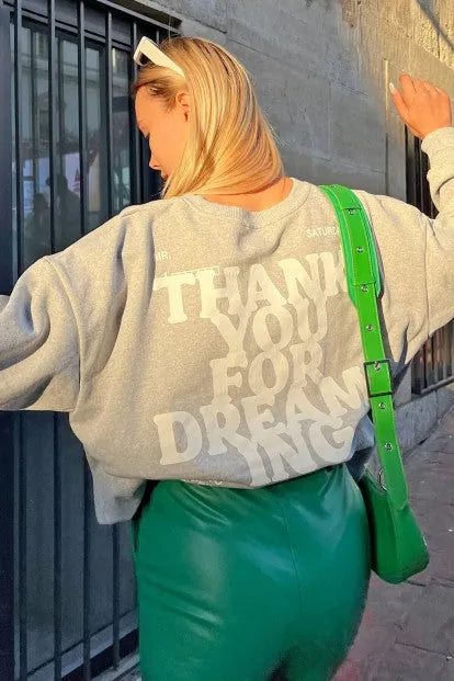 Gri Thank You Baskılı İçi Pamuklu Kadın Sweatshirt