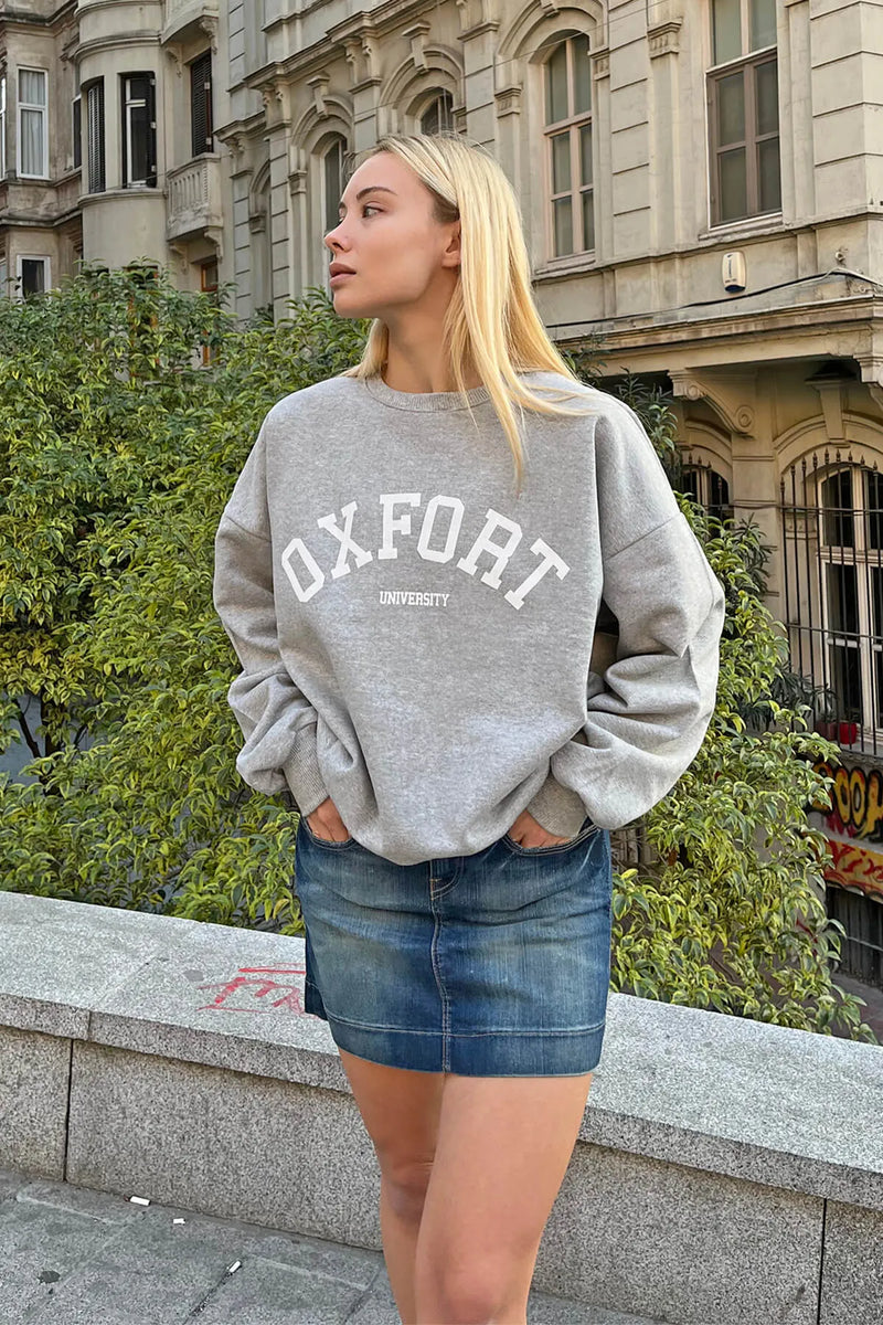 Gri Oxfrt Baskılı İçi Pamuklu Kadın Sweatshirt