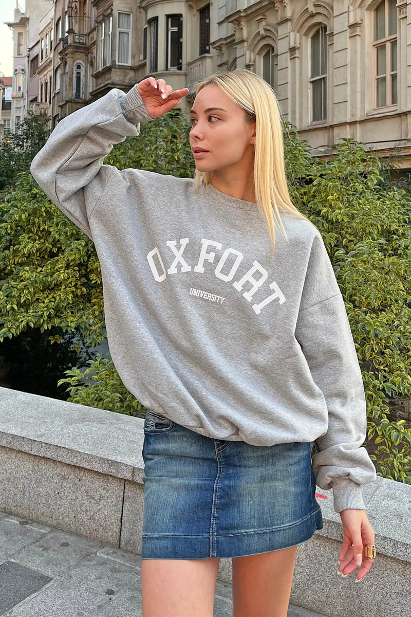 Gri Oxfrt Baskılı İçi Pamuklu Kadın Sweatshirt
