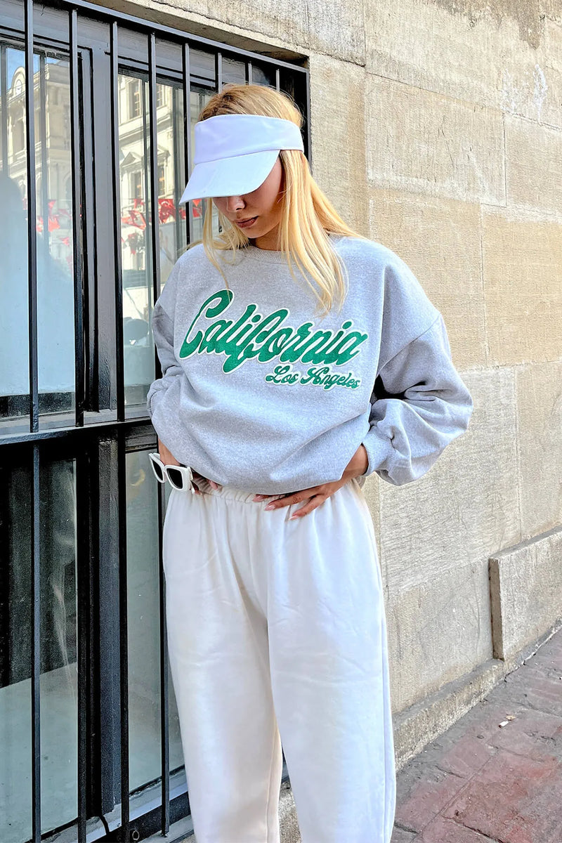 Gri 92 Ön Arka Baskılı İçi Pamuklu Kadın Sweatshirt