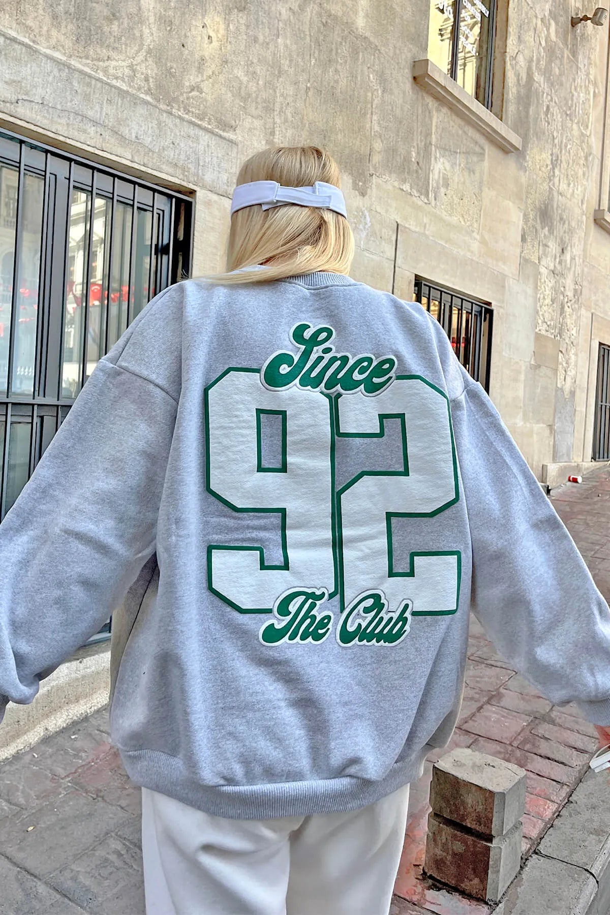 Gri 92 Ön Arka Baskılı İçi Pamuklu Kadın Sweatshirt