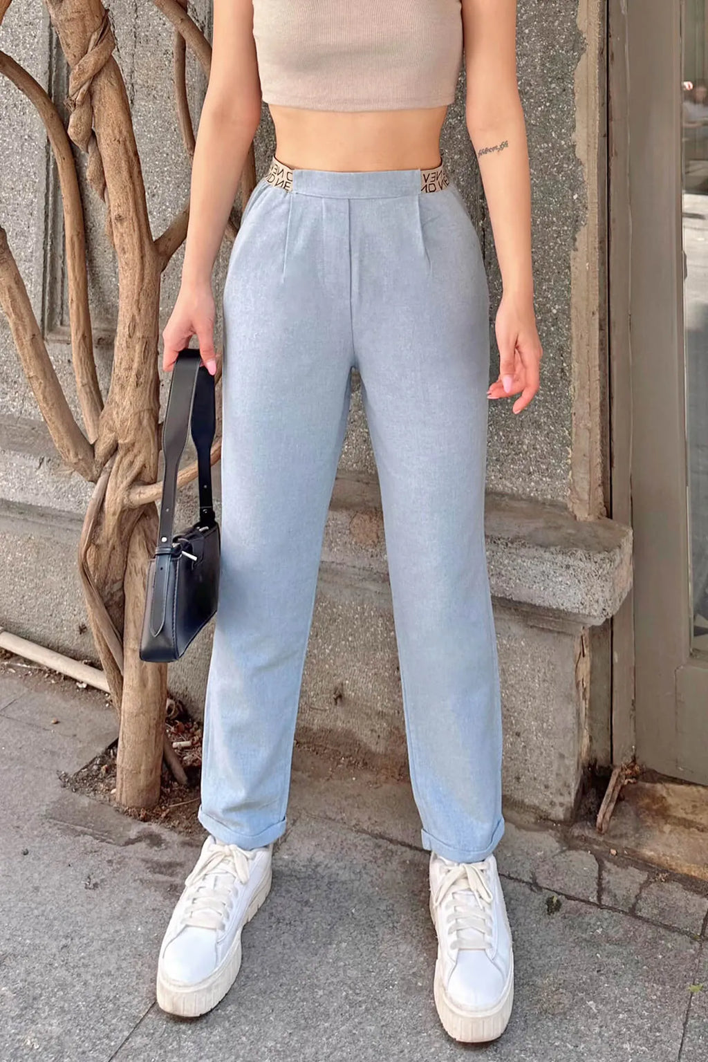 Mavi Mınd Desenli Lastikli Kadın Keten Pantolon
