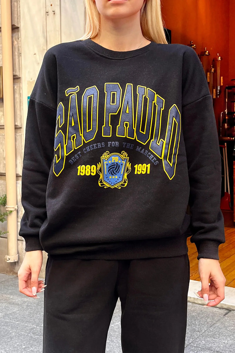 Siyah Sao Baskılı İçi Pamuklu Kadın Sweatshirt
