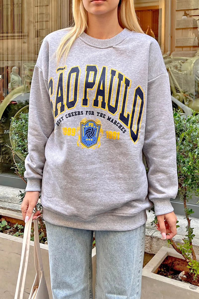 Gri Sao Baskılı İçi Pamuklu Kadın Sweatshirt