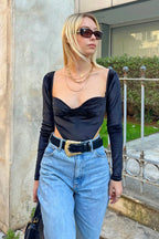 Siyah Kadife Göğüs Ribanalı Kadın Body Suit