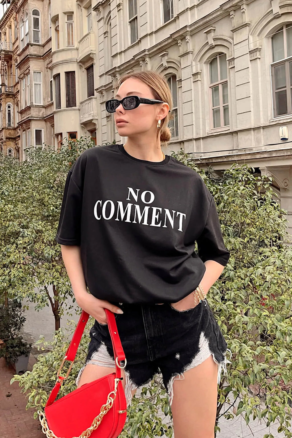 Siyah No Comment  Baskılı Oversize Kadın Tshirt