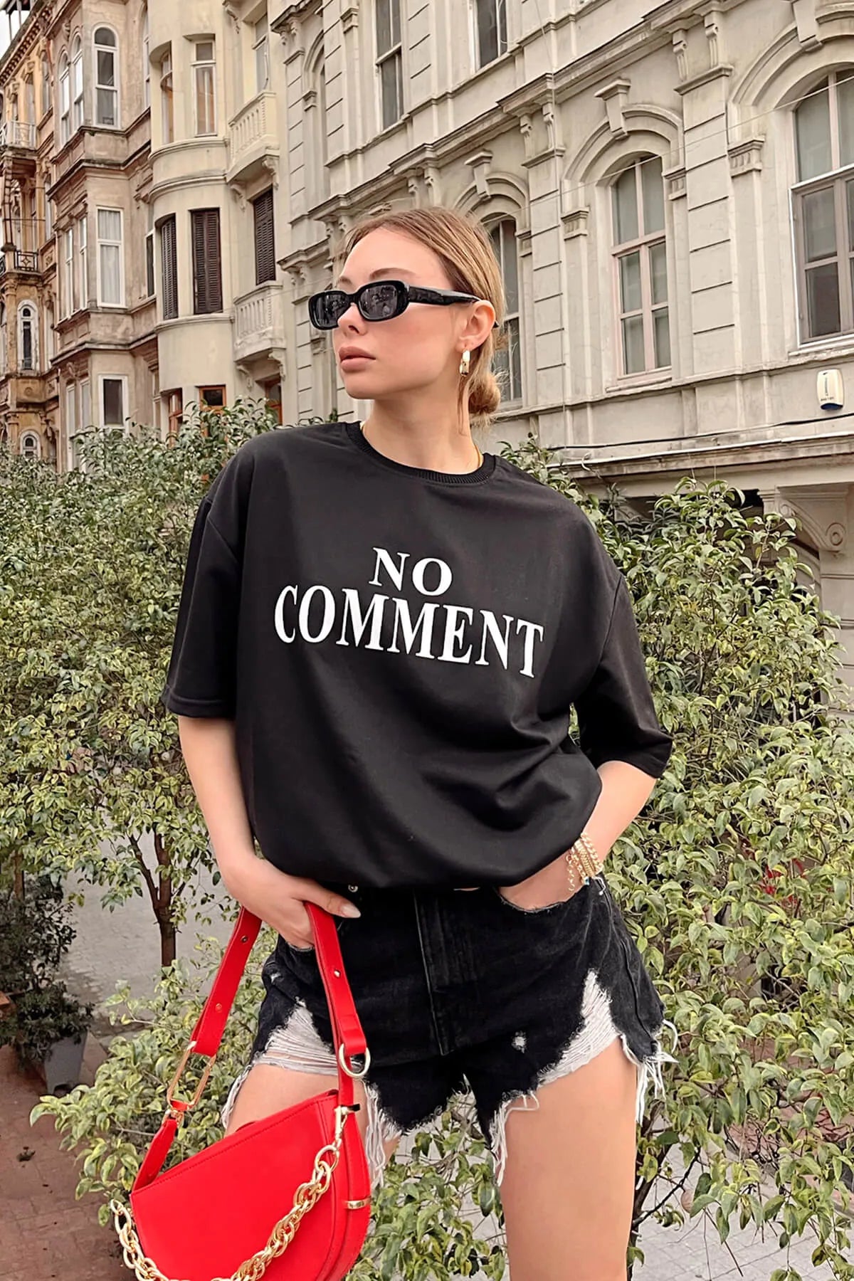 Siyah No Comment  Baskılı Oversize Kadın Tshirt