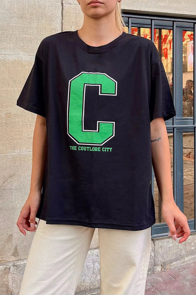 Siyah C Baskılı Oversize Kadın Tshirt
