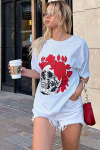 Beyaz Kuru Kafa Gül Baskılı Oversize Kadın Tshirt