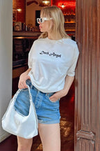 Beyaz Dark Angel Ön-Arka Baskılı Oversize Kadın Tshirt