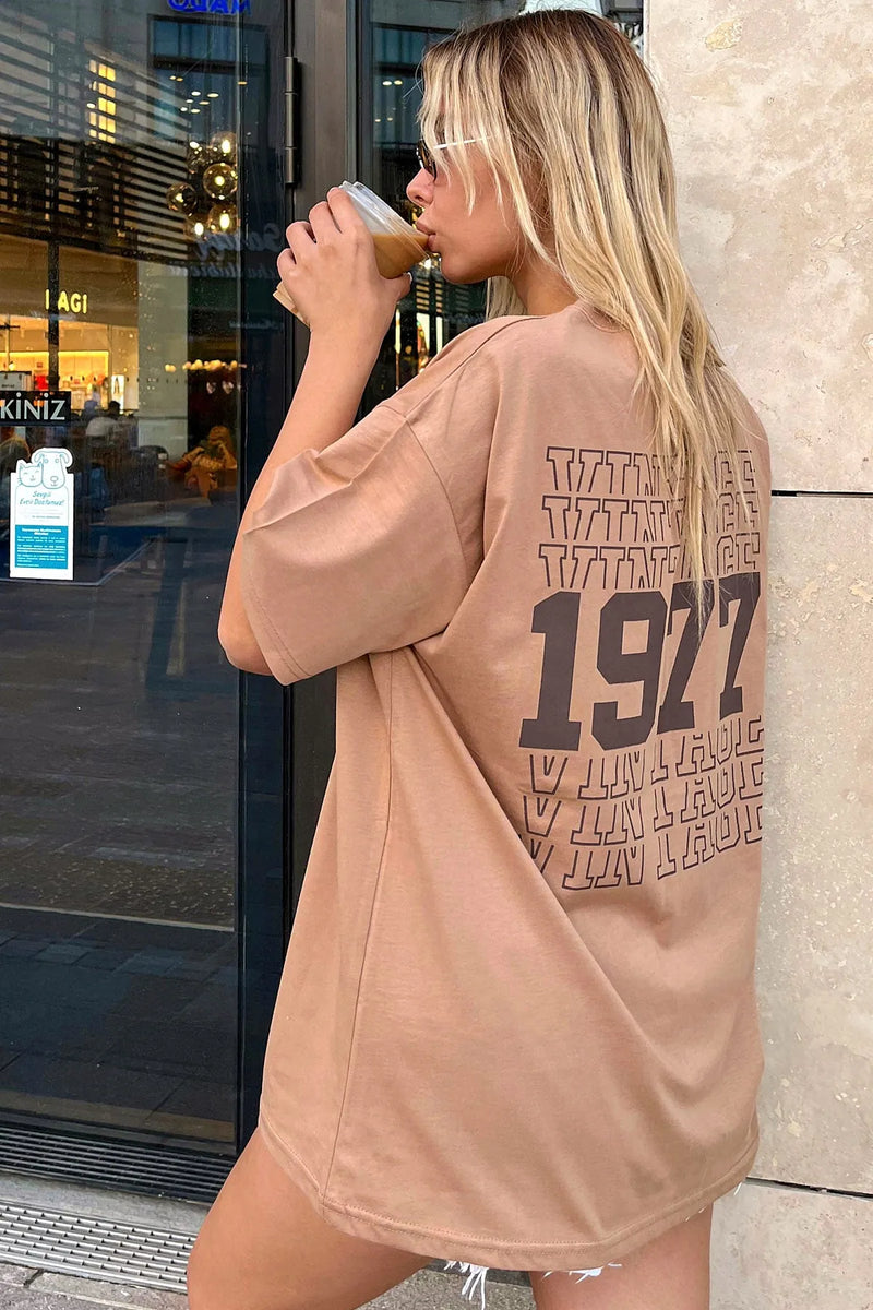 Vizon Vintage Sırt Baskılı Oversize Kadın Tshirt