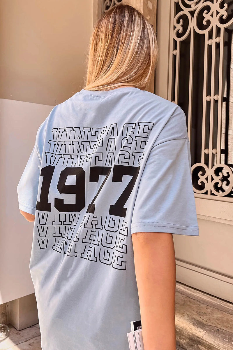 Mavi Vintage Sırt Baskılı Oversize Kadın Tshirt