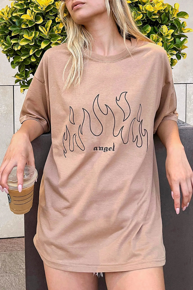 Vizon Angel Baskılı Oversize Kadın Tshirt